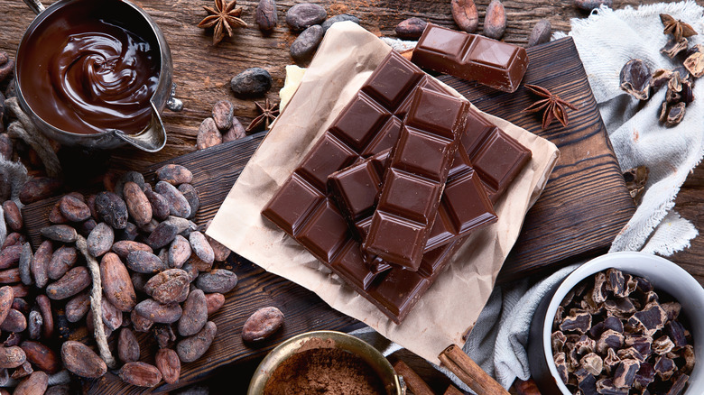Assorted chocolate products and cacao beans