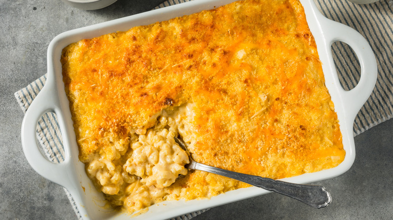 Homemade baked mac and cheese in a casserole dish.