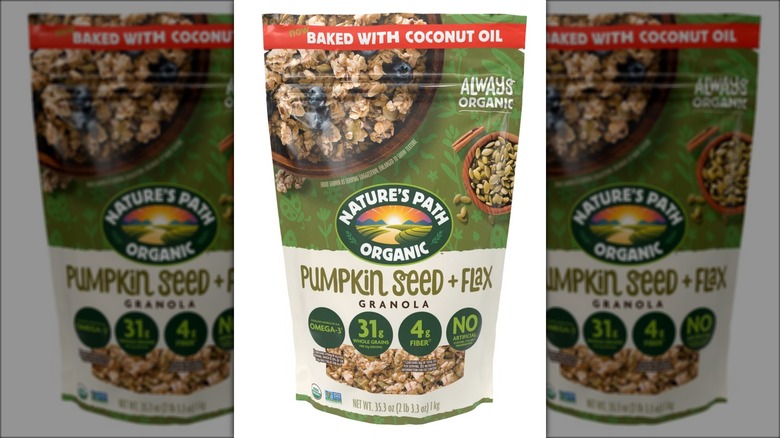 A bag of pumpkin seed and flax granola baked with coconut oil.