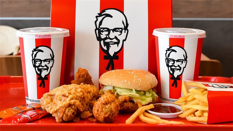 A meal from KFC featuring fried chicken and french fries