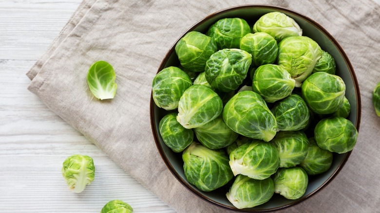 Brussel sprouts in grey bowl