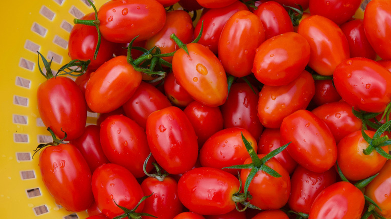 grape tomatoes in yellow colander