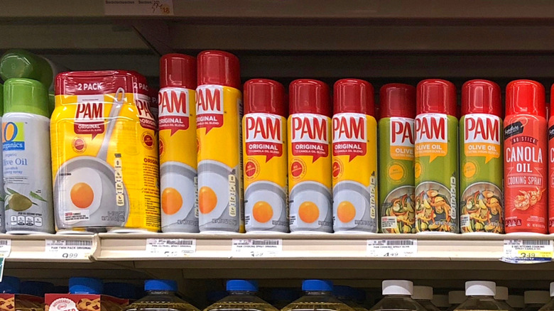 Row of cooking sprays on store shelf