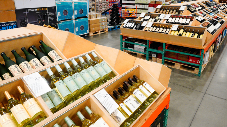 Wine bottles on display in Costco's alcohol aisle