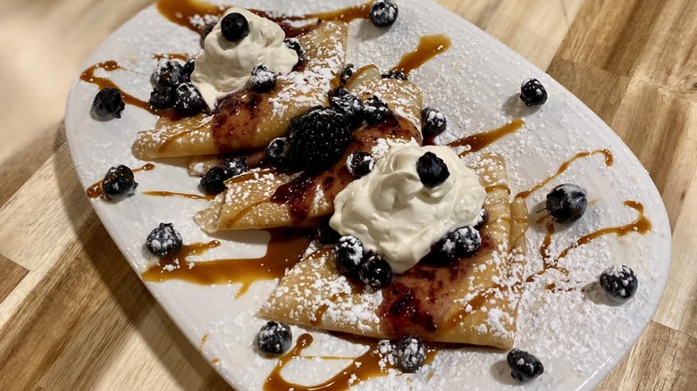 Woke blueberry crepes and creme