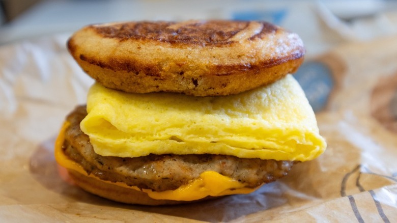 McDonald's sausage, egg, and cheese McGriddle with folded egg