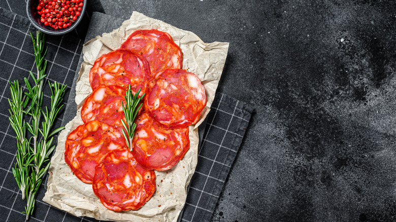 Spanish chorizo on a sheet of paper