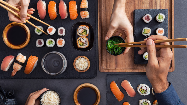 Top view of a table of sushi