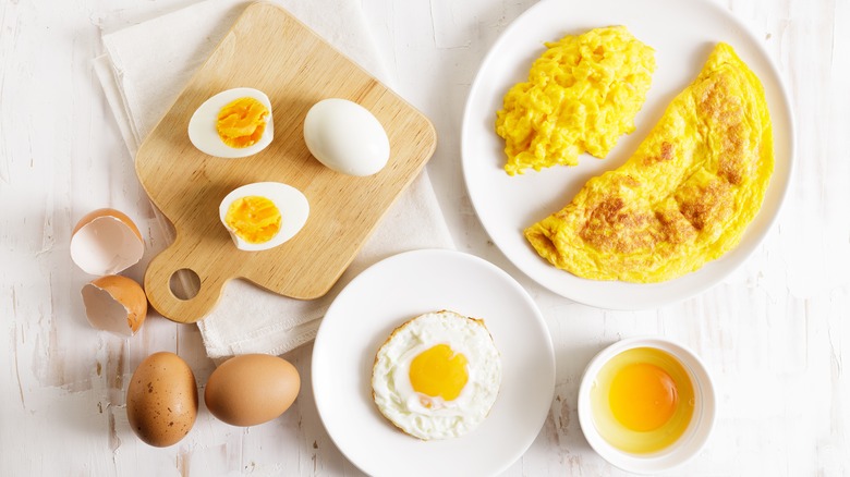 Boiled fried, and omelet-style eggs
