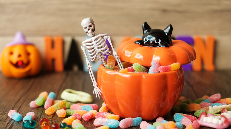 Halloween candy in pumpkin bowl