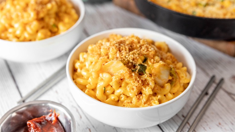 Bowl of kimchi mac and cheese