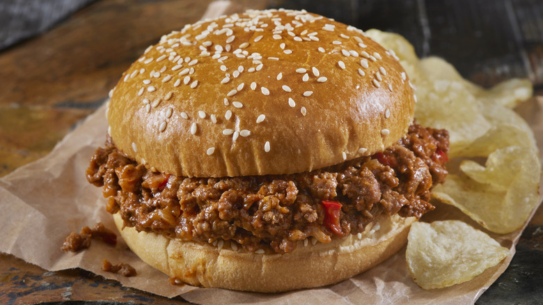 Sloppy Joe sandwich and chips