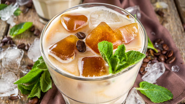 iced latte with mint leaves