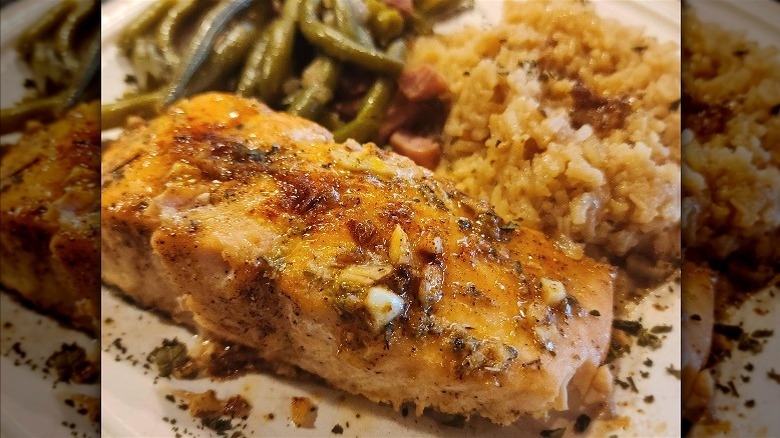 Cowboy butter salmon with rice and green beans