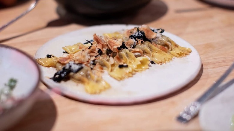 Boia De's Sunchoke caramelle with black trumpet mushrooms