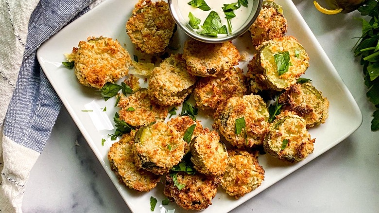 plate of air fryer fried pickles with ranch dressing