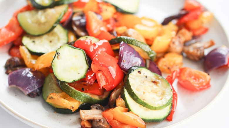 roasted zucchini, mushroom, bell pepper, and onion on a plate