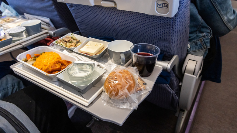 Airplane food on seatback tray