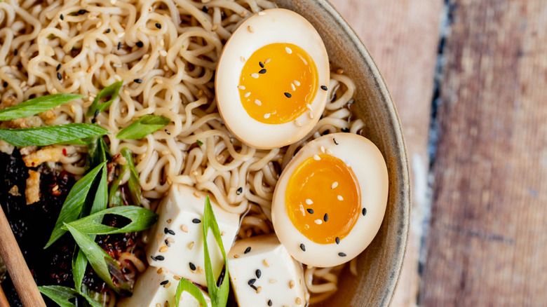 eggs served with noodles