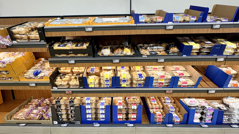 Shelves of baked goods at an Aldi.