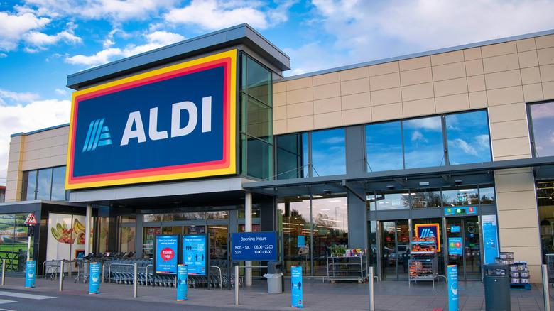 Aldi exterior and bright blue sky