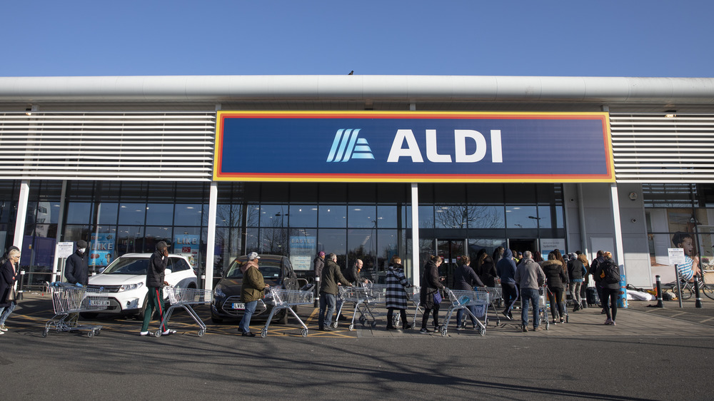 Customers lined up at Aldi supermarket