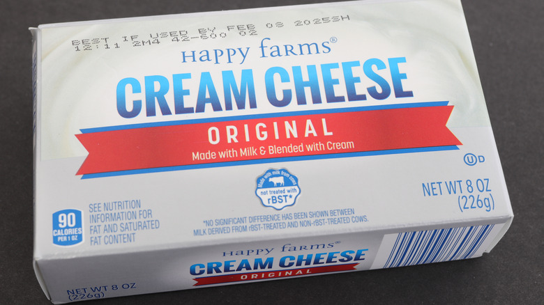 A box of Aldi's Happy Farms original cream cheese.