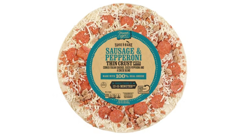 Aldi's Mama Cozzi's Take & Bake Sausage & Pepperoni pizza isolated on white background