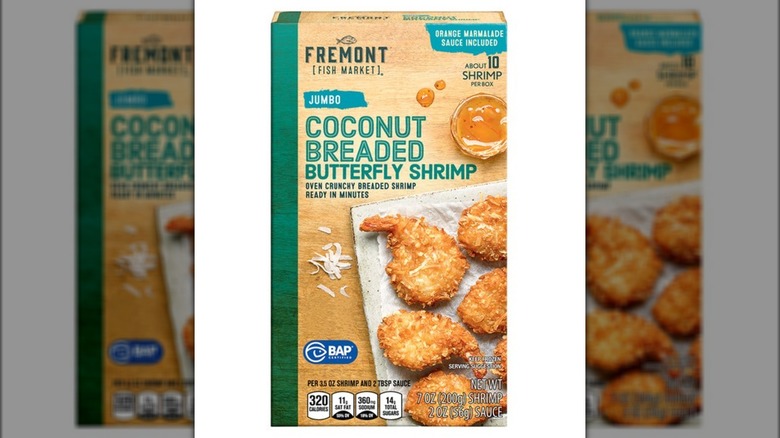 Pack of breaded coconut shrimp with orange marmalade sauce.