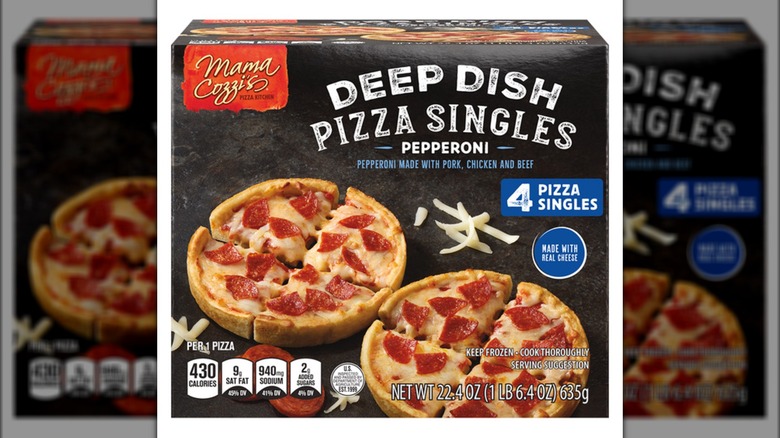 Box of deep dish single-serving pizzas with pepperoni.