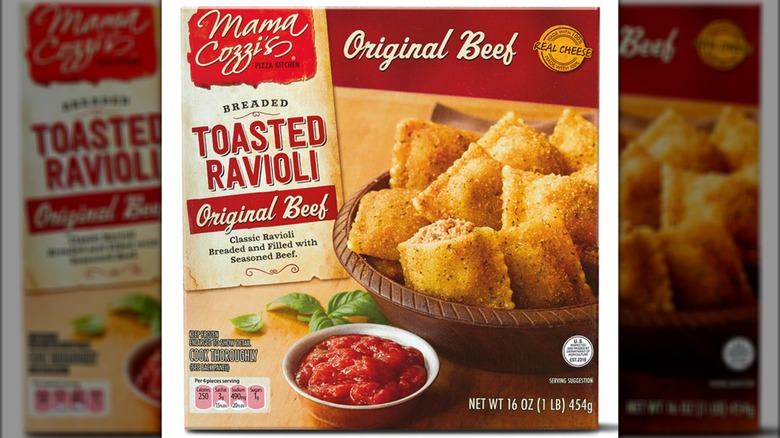 Box of frozen breaded and toasted beef ravioli.