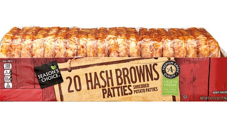 Package with 20 plastic-wrapped hash brown patties.
