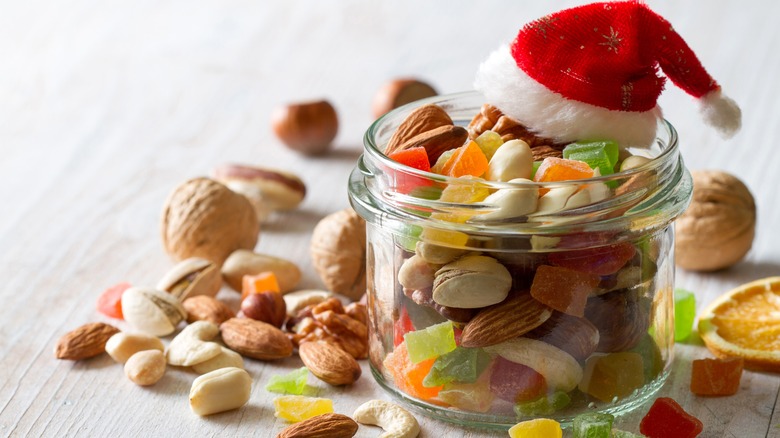 Bowl of trail mix with Santa hat