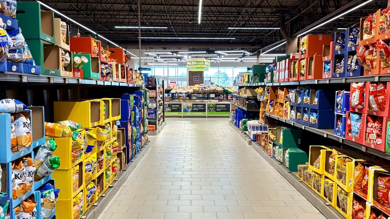 The chips and snack aisle at an Aldi supermarket