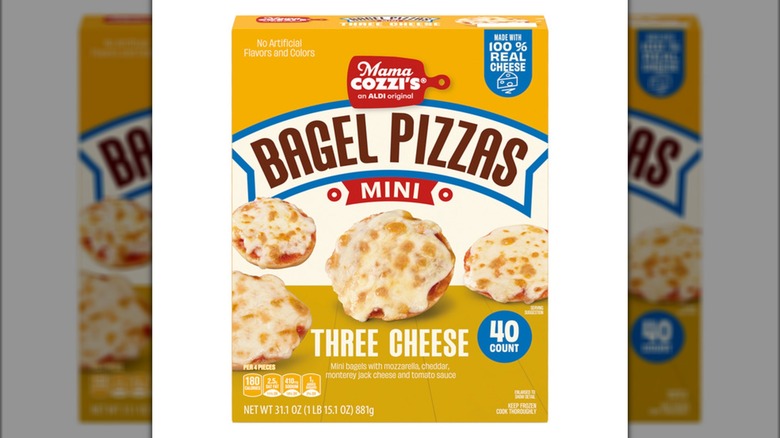 Box of Mama Cozzi's Pizza Kitchen Three Cheese Mini Pizza Bagels from Aldi