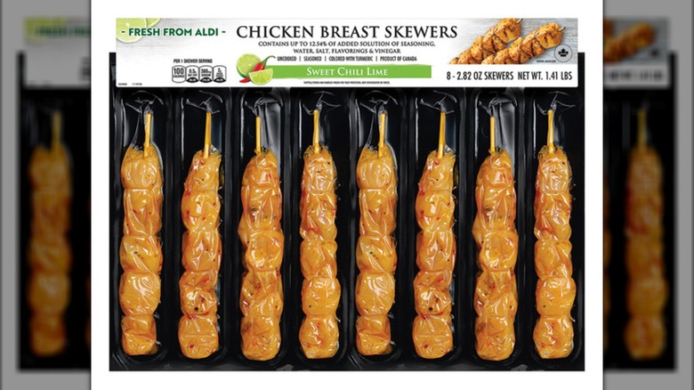 Pack of eight Sweet Chili Lime Chicken Breast Skewers from Aldi