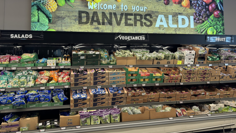 Packaged produce displayed in an Aldi supermarket in Danvers, Massachusetts