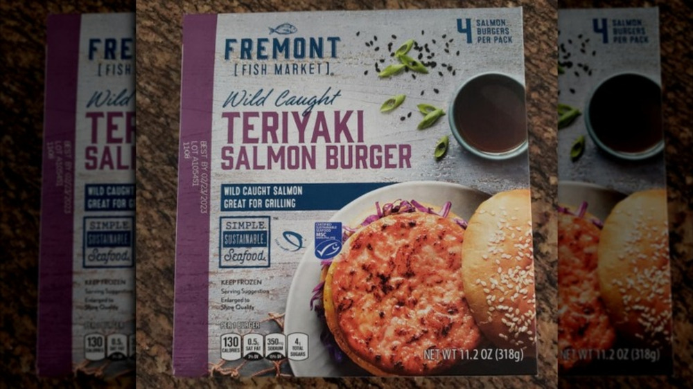 Box of Aldi's Fremont teriyaki salmon burgers