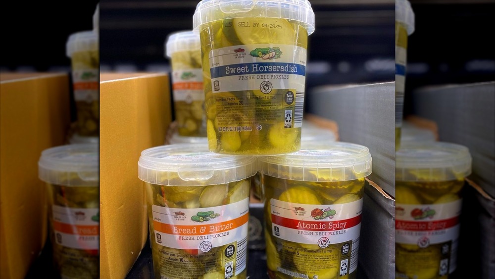 Tubs of Aldi's spicy pickles