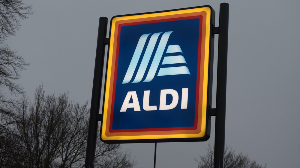 Aldi sign on an overcast day