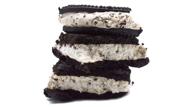 Stacked ice cream sandwiches on a white background