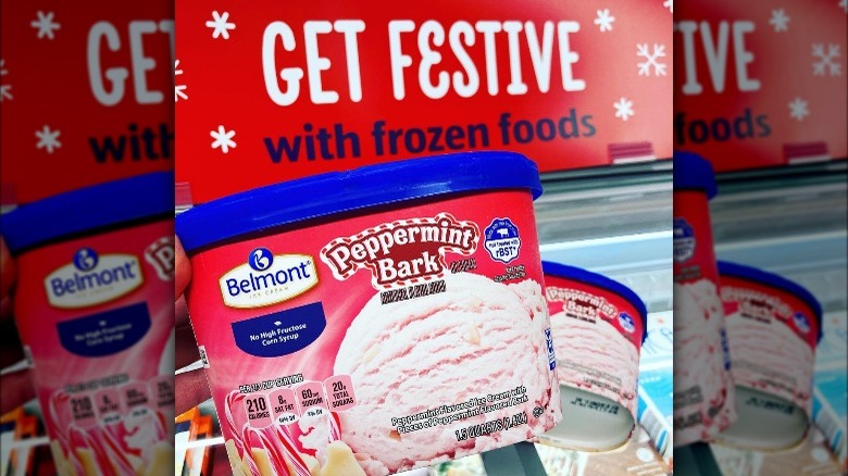 A tub of Aldi's peppermint bark ice cream