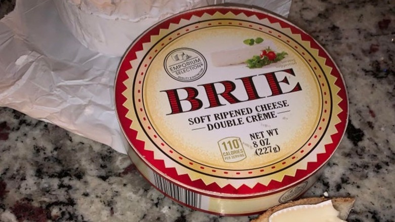 Aldi's Brie on a gray counter