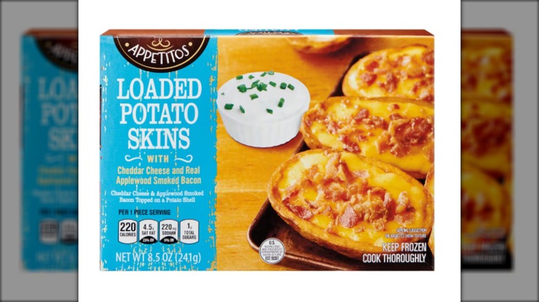 Box of frozen potato skins with cheese and bacon