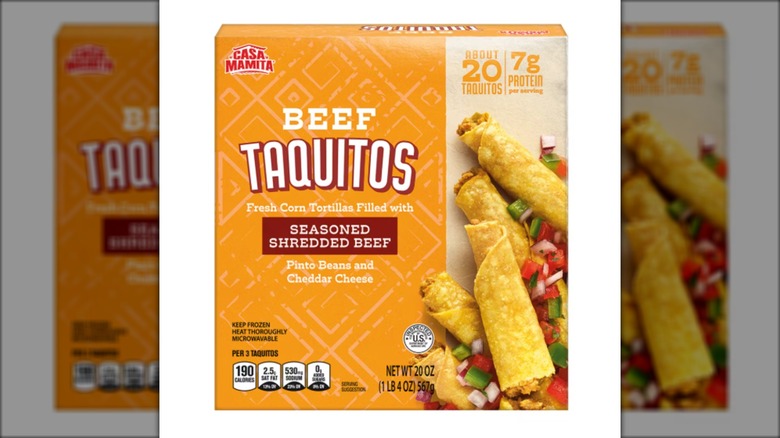Box of frozen taquitos with beef, pinto beans, and cheddar