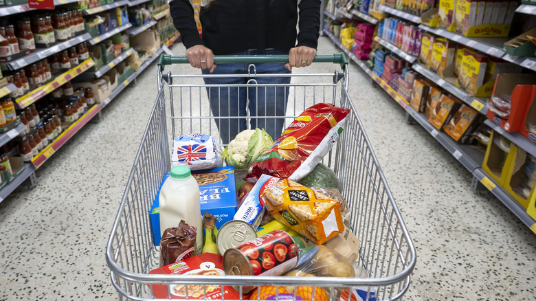 Grocery shopper wheeling full cart 