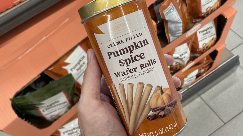 can of Aldi pumpkin wafer rolls
