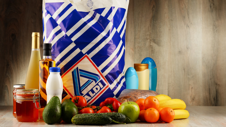 Aldi shopping bag surrounded by groceries