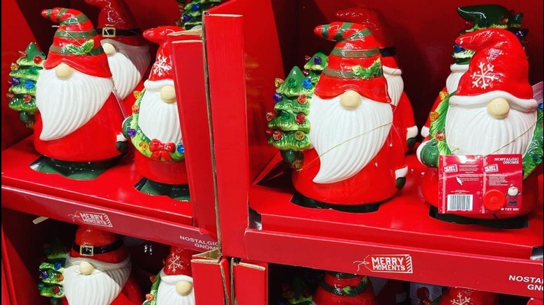 Aldi Santa gnomes sitting on the shelf