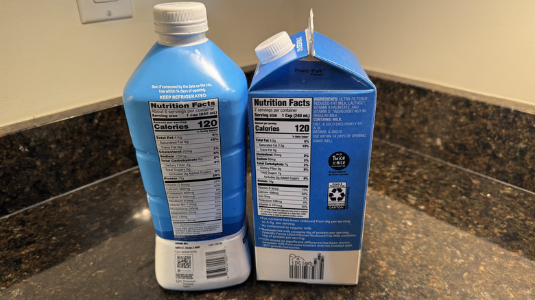 Two bottles of milk with nutrition facts